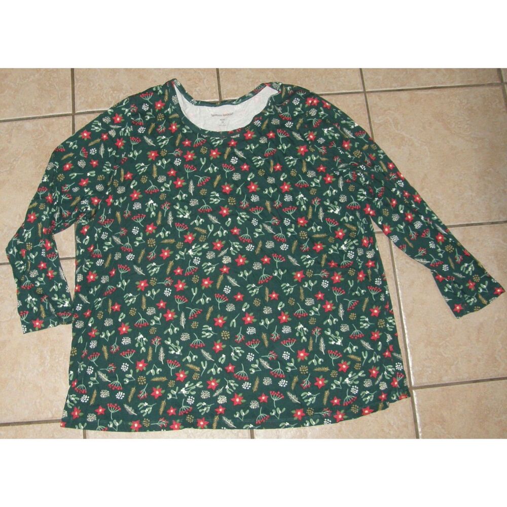WOMAN WITHIN Green Print Plus Sz 30/32 Soft Cotton Long Sleeve Tee Shirt NEW